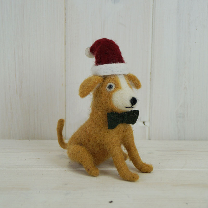Woollen Sitting Dog with Santa Hat (10cm) detail page